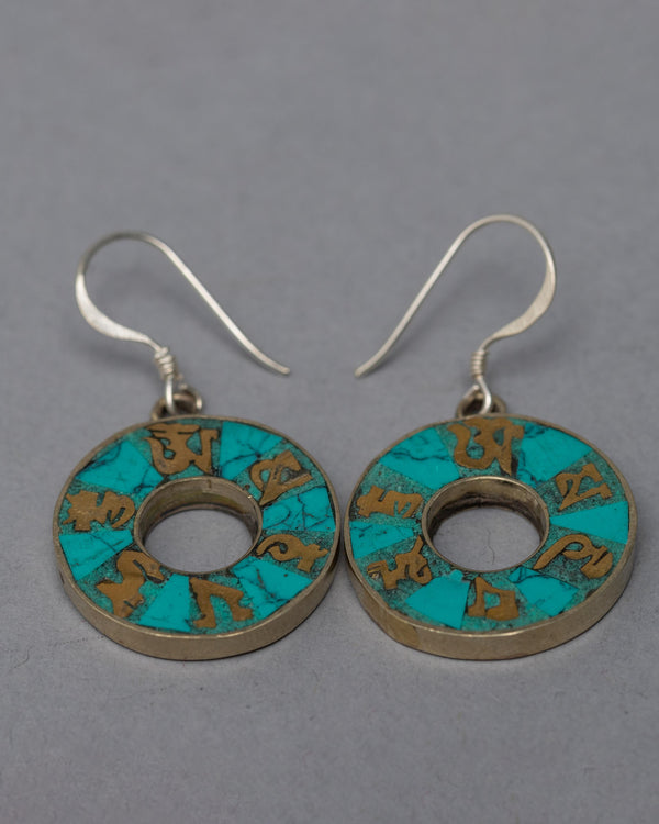 Traditional Tibet Earrings With Turquoise | Om Mani Padme Hum Inlay Earrings