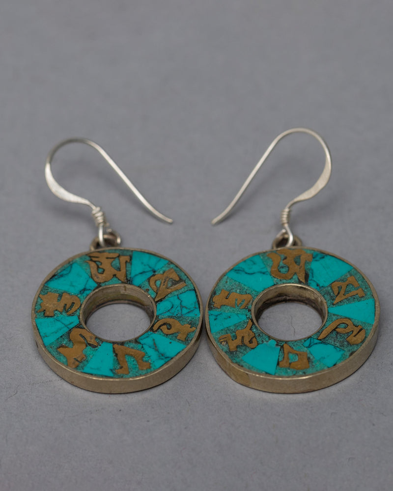 Traditional Tibet Earrings With Turquoise | Om Mani Padme Hum Inlay Earrings