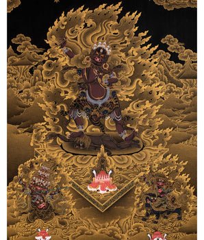 Ekajati Rahula And Dorje Legpa | Three Nyingma Protectors | Black and Gold Thangka