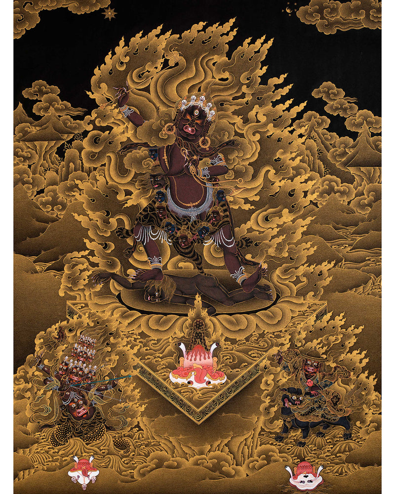 Ekajati Rahula And Dorje Legpa | Three Nyingma Protectors | Black and Gold Thangka