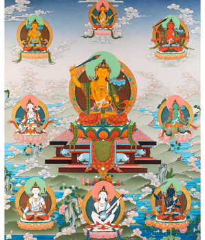 Five Manjushri with Buddha and Bodhisattva Thangka, Tibetan Buddhist Art