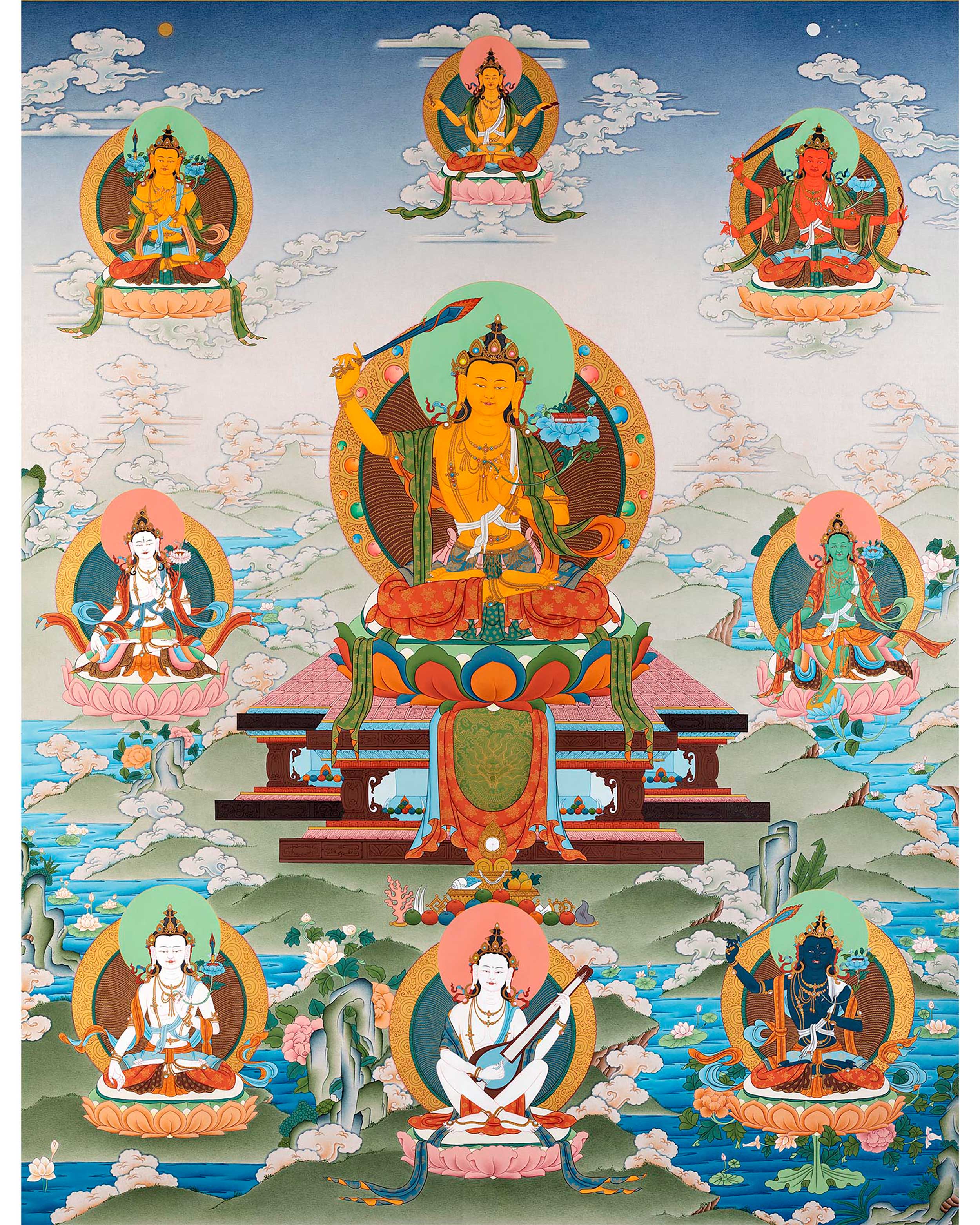 Five Manjushri with Buddha and Bodhisattva Thangka, Tibetan Buddhist Art