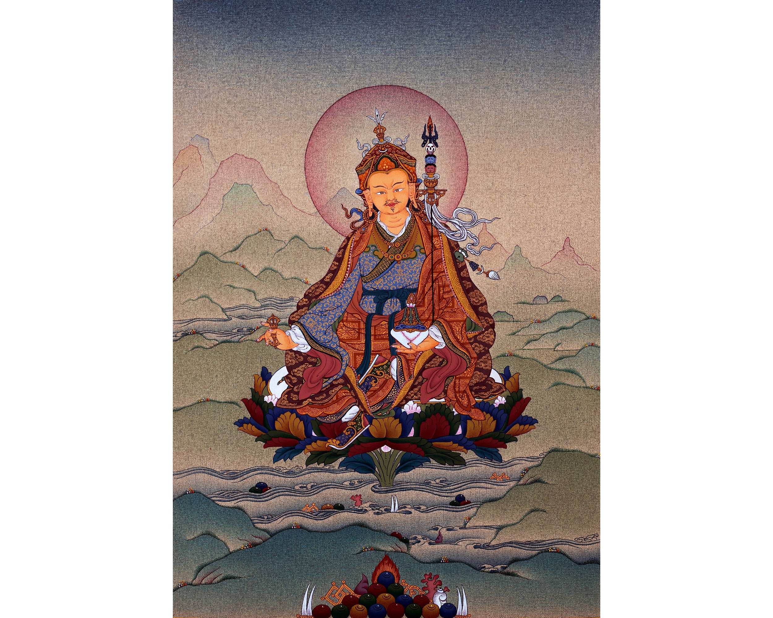 Guru Rinpoche, Padmasambhava Thangka, Hand Painted Tibetan Buddhist Painting in 24K Gold