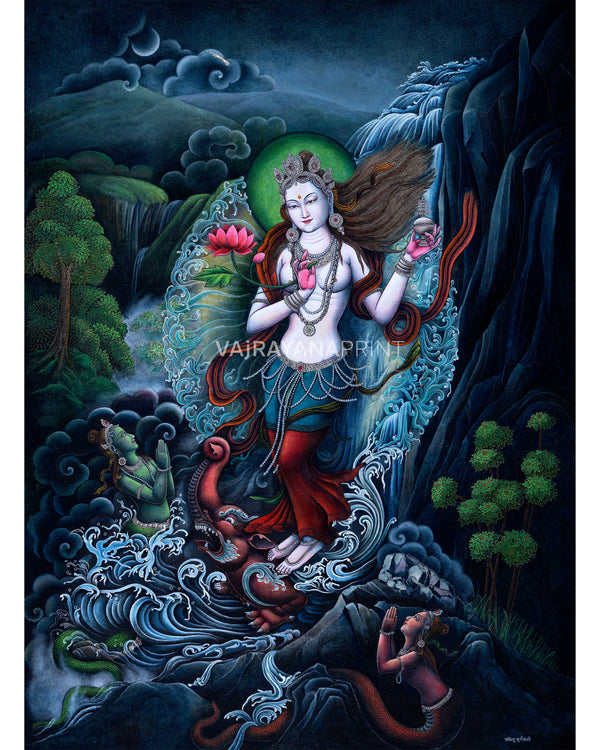 Ganga Goddess Giclee Print For Prayers | Traditional Newari Paubha Art Prints For Wall Hanging