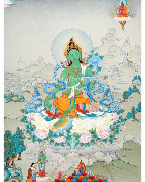 Tibetan Tara Goddess, Mother Green Tara Thangka | Traditional Painting