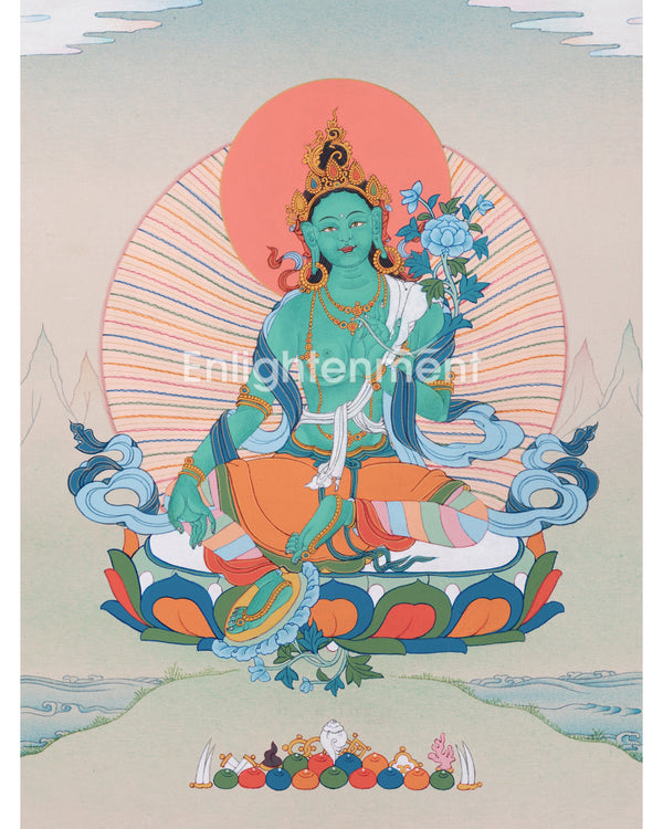 Hand Painted Thangka Of Green Tara 