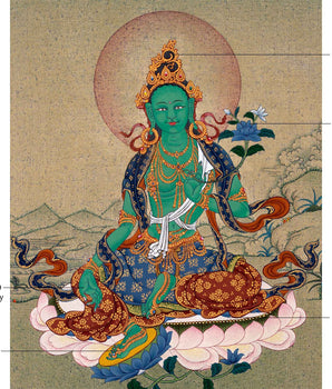 Green Tara, Dolma Tibetan Thangka, Hand Painted Tara  in Natural Stone Colors and 24K Gold