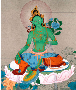 Mother Green Tara's Grace in Artistry | Traditional Thangka Painting | Religious Decors