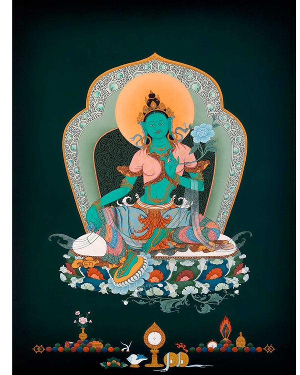 Green Tara  Thangka | Female Buddha Painting | With 24K Gold and Stone Colors