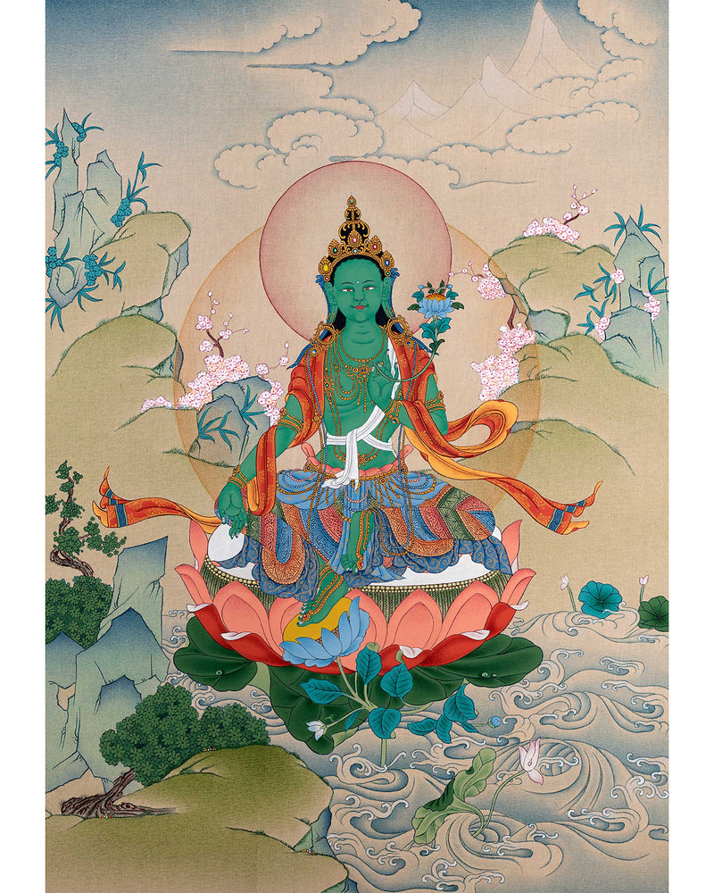 Green Tara Thangka | Tibetan Mother Tara | Natural Stone Colors and 24K Gold