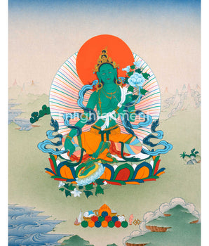 Traditionally Hand-Painted Thangka For Green Tara Yoga Practice | Himalayan Mother Tara Art On Cotton Canvas