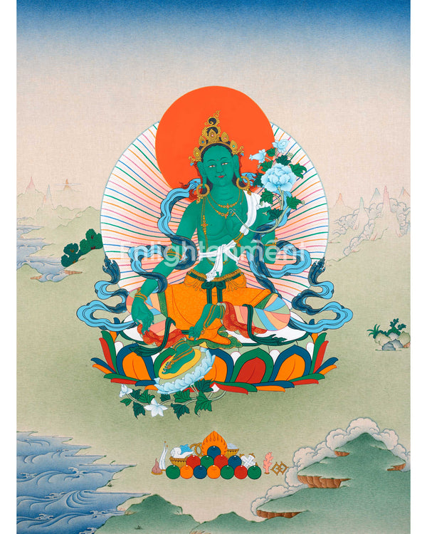 Traditionally Hand-Painted Thangka For Green Tara Yoga Practice | Himalayan Mother Tara Art On Cotton Canvas