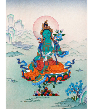 Buddha Green Tara Thangka Painting For Daily Prayers | Traditional Tibetan Buddhist Painting
