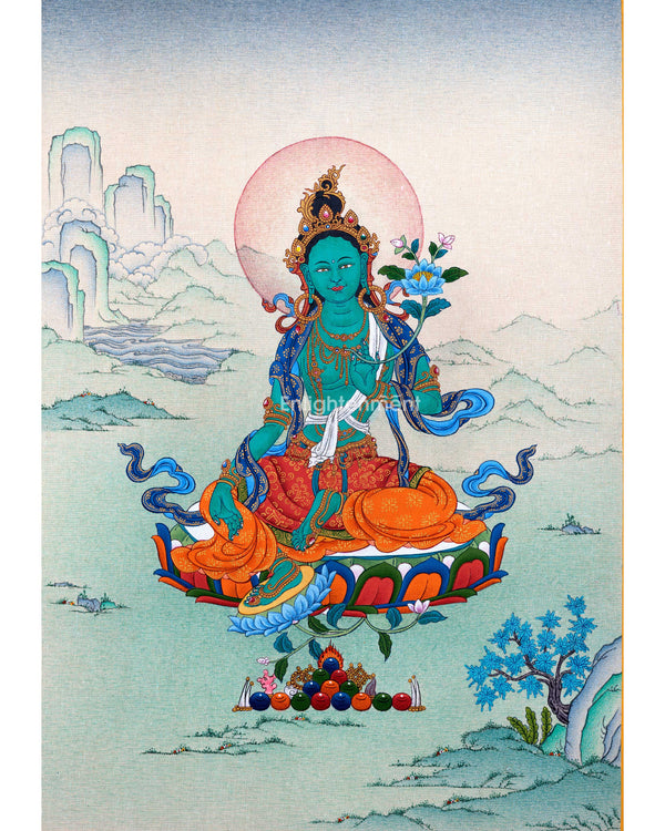 Buddha Green Tara Thangka Painting For Daily Prayers | Traditional Tibetan Buddhist Painting