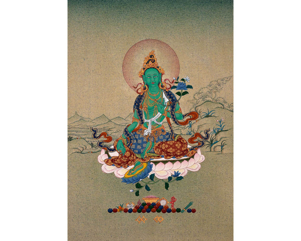 Green Tara, Dolma Tibetan Thangka, Hand Painted Tara  in Natural Stone Colors and 24K Gold