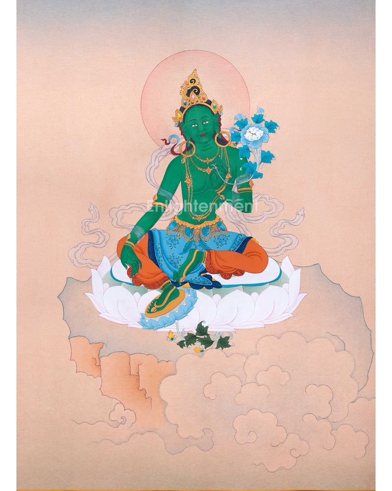 Beautiful Mother Green Tara Thangka For Mindfulness | Traditional Himalayan Thangka Painting For Ritual Practice