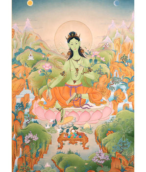 Green Tara Goddess Thangka | Hand-Painted Mother Tara Thangka For Mindfulness