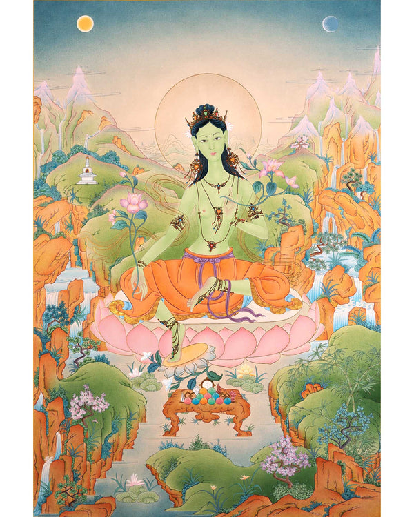 Green Tara Goddess Thangka | Hand-Painted Mother Tara Thangka For Mindfulness