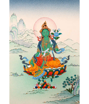 Green Tara Female Buddha Thangka | Traditionally Hand Painted Tibetan Art