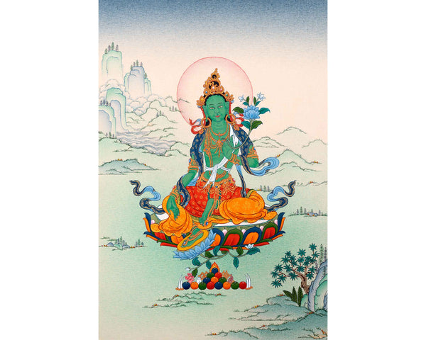 Green Tara Female Buddha Thangka | Traditionally Hand Painted Tibetan Art