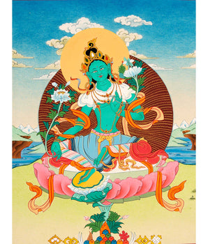 Green Tara Buddhist Thangka | Genuinely Hand Painted with 24k Gold