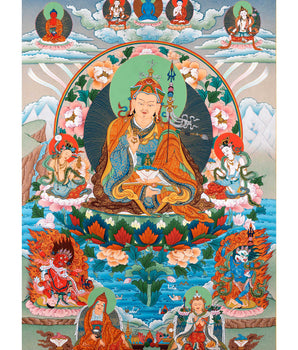 Guru Padmasambhava Thangka With Consorts, Buddhas And Bodhisattvas | Tibetan Art
