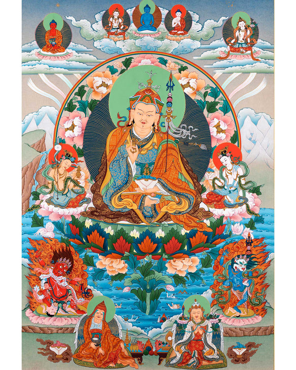 Guru Padmasambhava Thangka With Consorts, Buddhas And Bodhisattvas | Tibetan Art