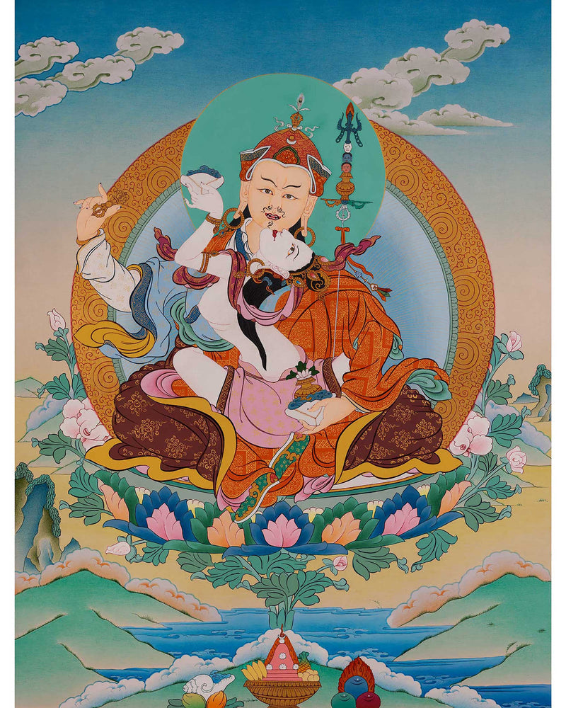 Buddha Padmasambhava With Consort Thangka Painting | Traditional Buddhist Art