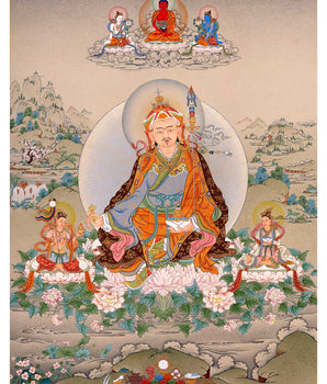 Padmasambhava Painting | Guru Rinpoche with Consorts and Amitabha Buddha