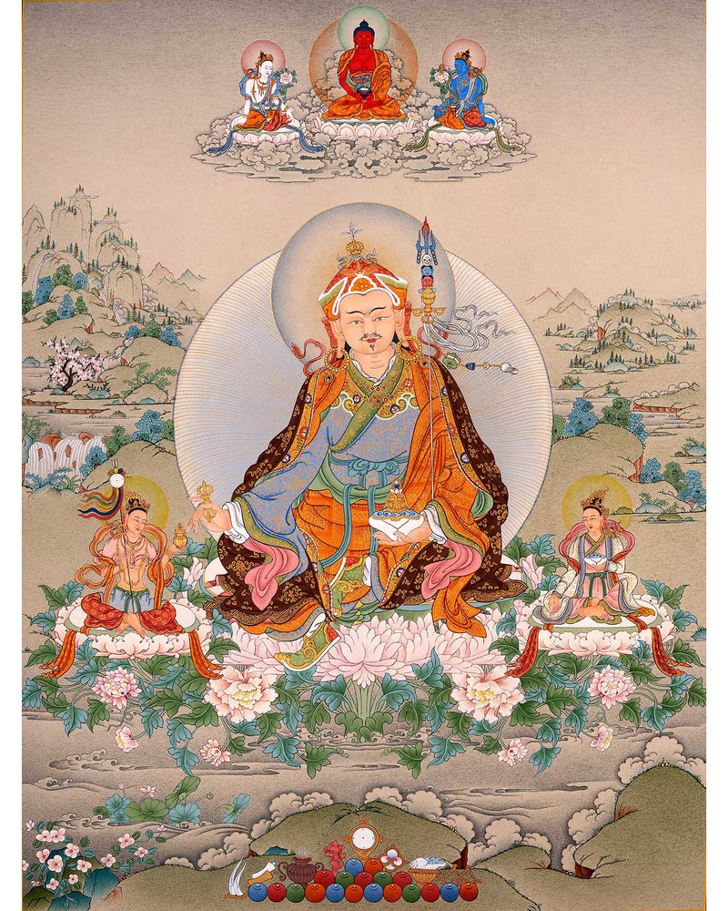 Padmasambhava Painting | Guru Rinpoche with Consorts and Amitabha Buddha