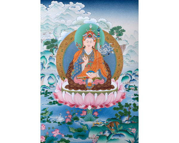 Guru Rinpoche, Padmasambhava Thangka, Tibetan Buddhist Painting in Natural Stone Color & 24K Gold (includes a silk brocade)