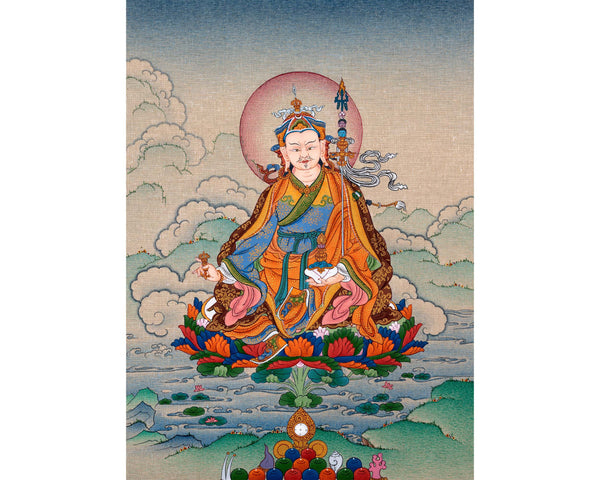 Guru Rinpoche, Padmasambhava Thangka, Tibetan Buddhist Painting in Natural Stone Color & 24K Gold