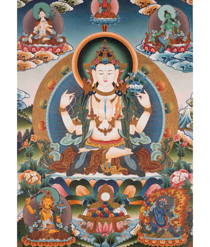 Handpainted Avalokiteshvara Chengrezig  | Yoga Meditation Canvas Art