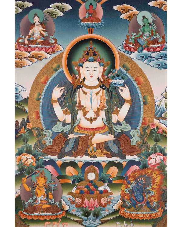 Handpainted Avalokiteshvara Chengrezig  | Yoga Meditation Canvas Art