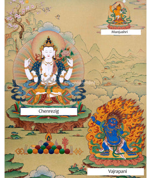 Tibetan Bodhisattvas Thangka | Chenrezig. Manjushri and Vajrapani