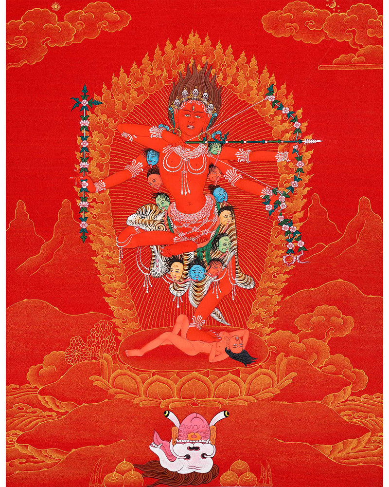 The Goddess Kurukulla Thangka | Red and Gold Dakini Art