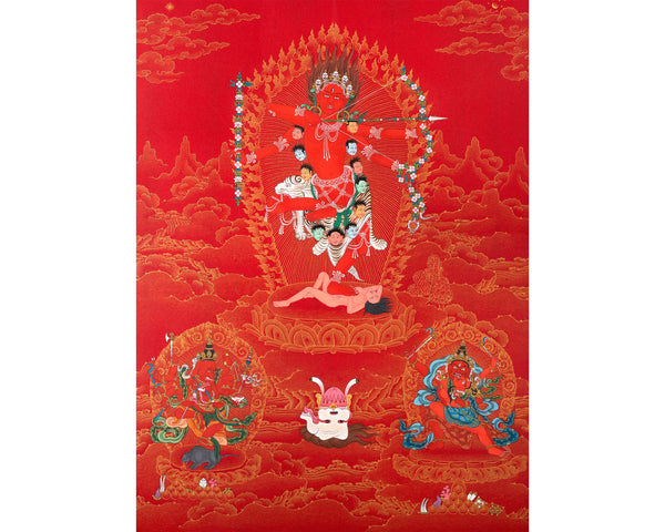 Kurukulla with Ganesh And Takiraja | Tibetan Thangka in Marthang Style