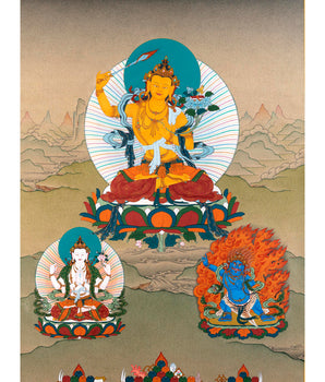 Manjushri With Chenrezig and Vajrapani Thangka | Tibetan Buddhist Thangka Painting
