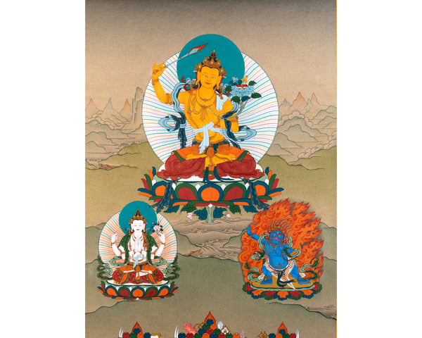 Manjushri With Chenrezig and Vajrapani Thangka | Tibetan Buddhist Thangka Painting