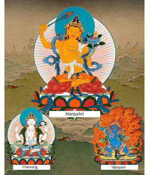 Manjushri Art With Chenrezig and Vajrapani | Bodhisattva Thangka