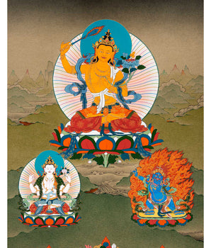 Manjushri Art With Chenrezig and Vajrapani | Bodhisattva Thangka
