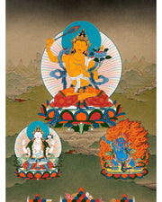 Manjushri Art With Chenrezig and Vajrapani | Bodhisattva Thangka
