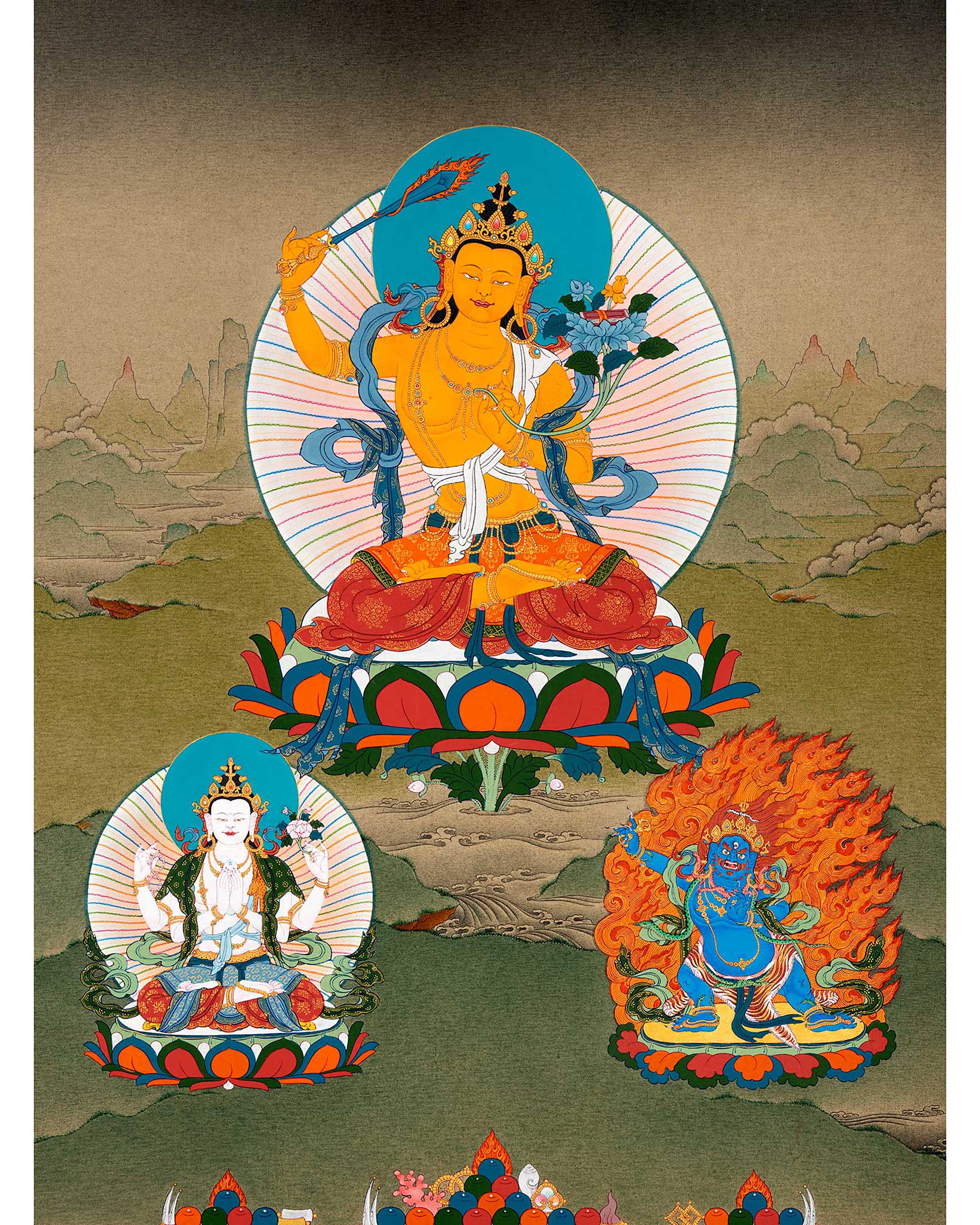 Manjushri Art With Chenrezig and Vajrapani | Bodhisattva Thangka