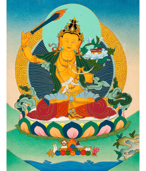 Small Manjushri Thangka Art | Traditional Tibetan Bodhisattva