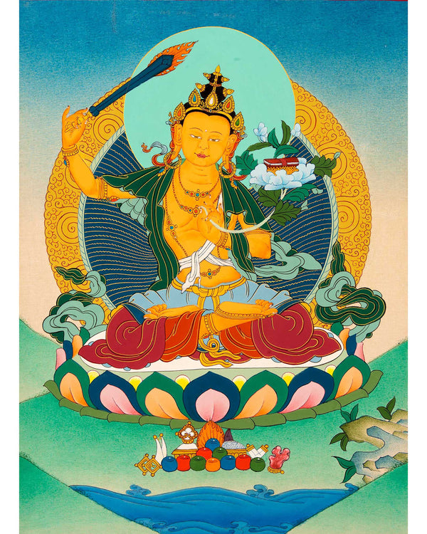 Small Manjushri Thangka Art | Traditional Tibetan Bodhisattva