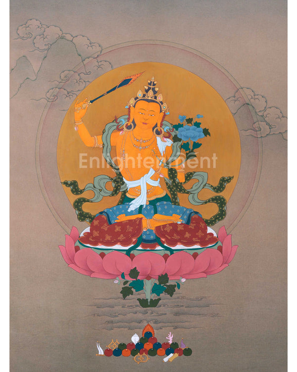 Deity Of Wisdom, Manjushri Buddhism Hand-Painted Thangka | Traditional Sacred Art for Daily Practice