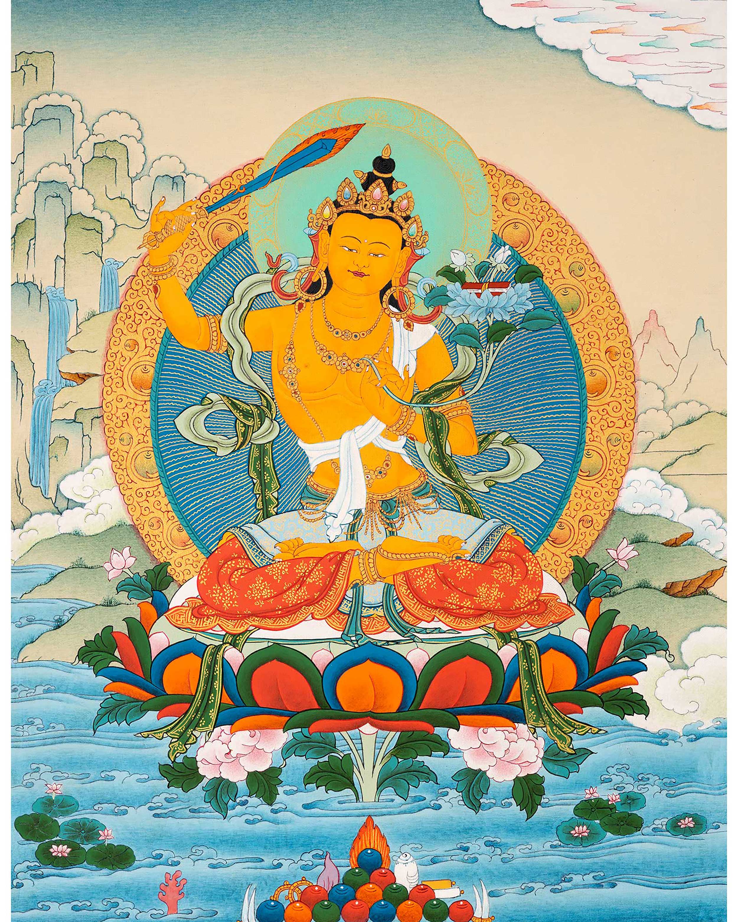 Manjushri Art Thangka | Finely Hand Painted in Cotton Canvas