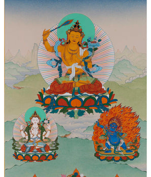 Manjushri With Bodhisattvas | Chenrezig | Vajrapani | Buddhist Deity Thangka