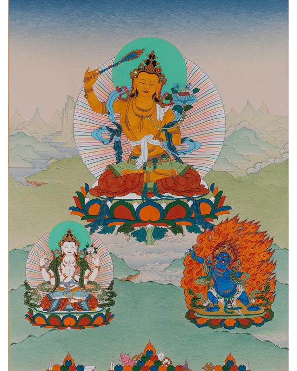 Manjushri With Bodhisattvas | Chenrezig | Vajrapani | Buddhist Deity Thangka