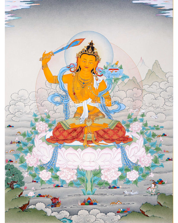 Hand Painted Manjushree Thangka | Divine Wisdom and Enlightenment Art | Buddhist Artwork